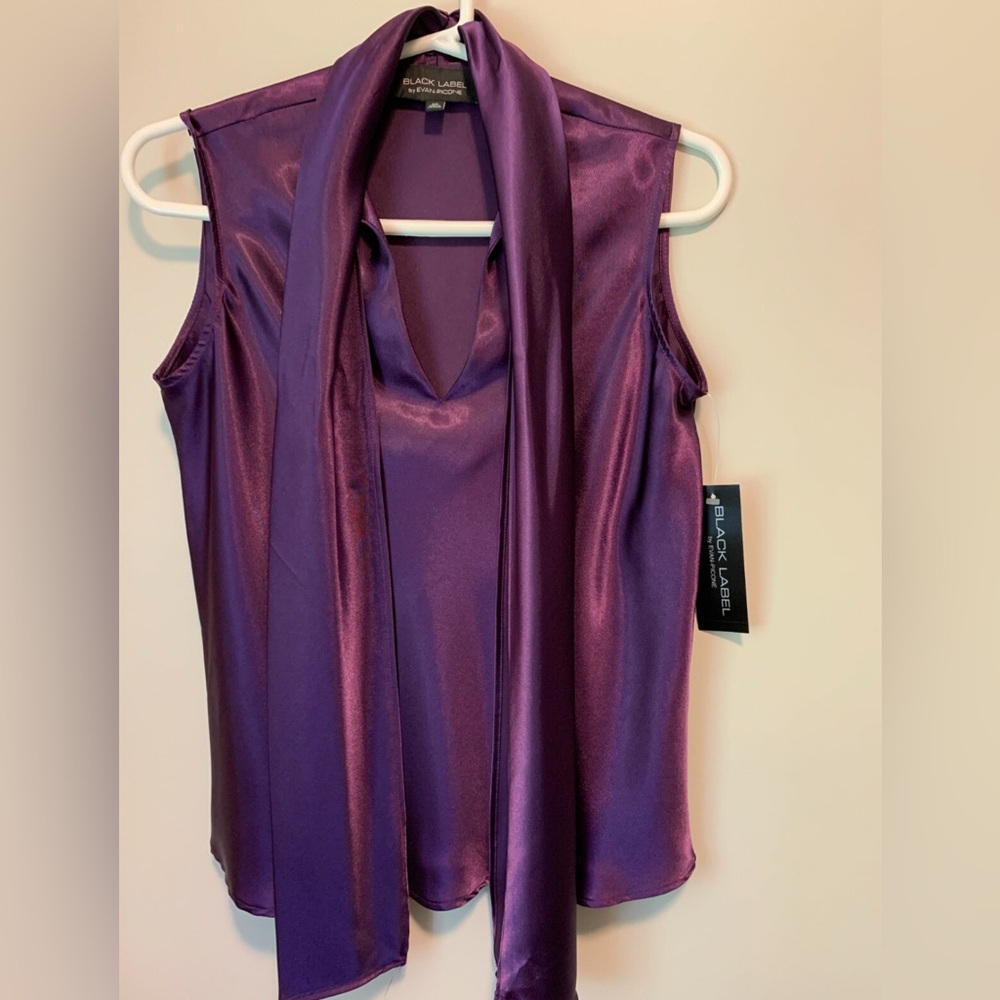 Shimmering Purple Satin Sleeveless Blouse | Dressy Tie-Neck Top | Size S